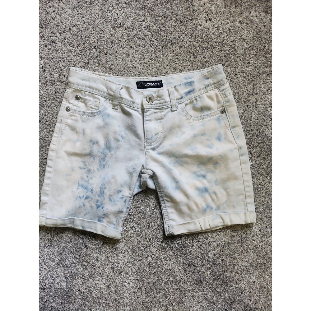 Jordache Tie Dye Denim Shorts Blue White Cuffed Mid Rise Size 8 Bermuda mid rise